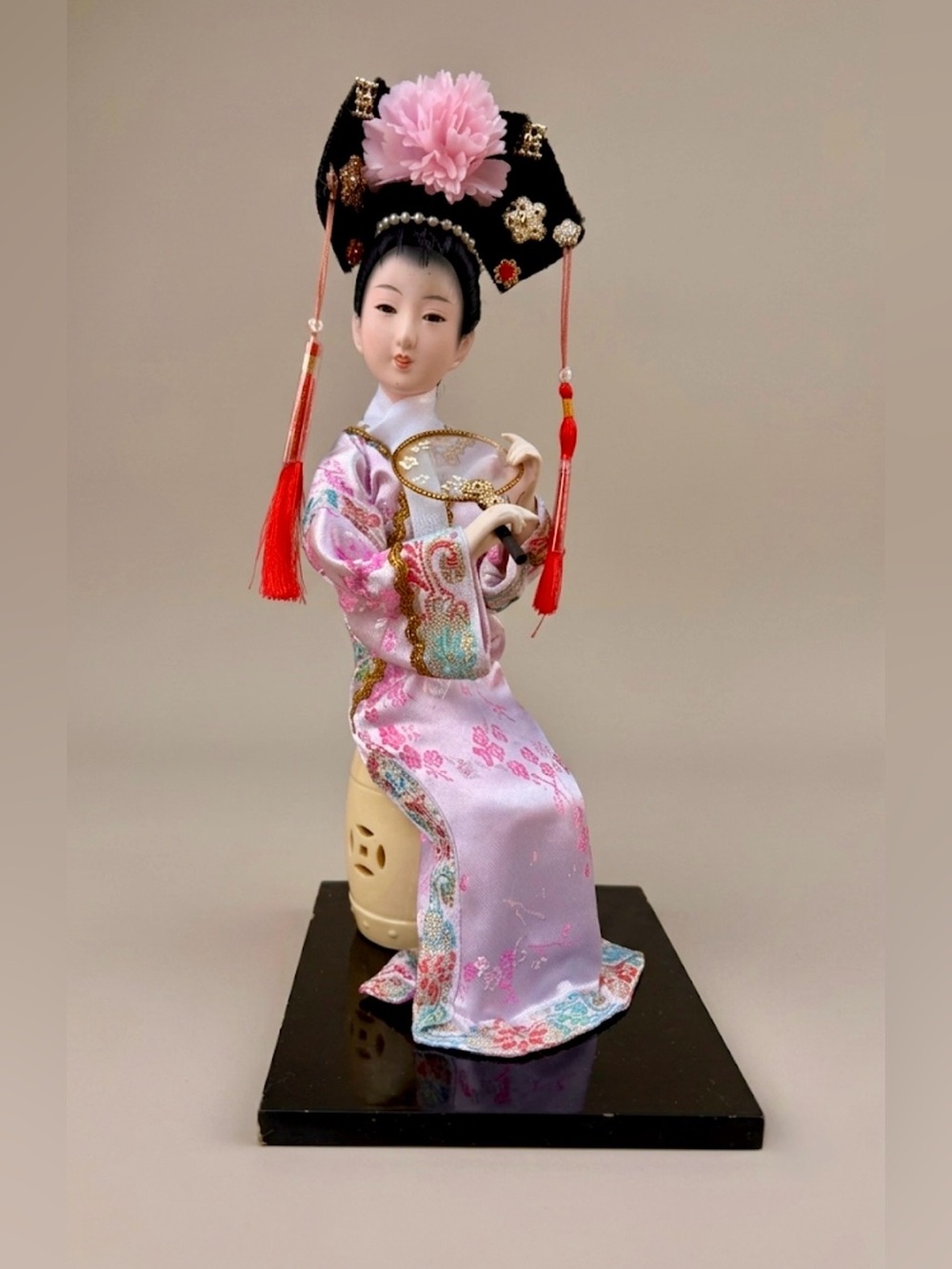 12" Vintage Oriental Porcelain Doll - Traditional Pink Silk Dress & Headdress